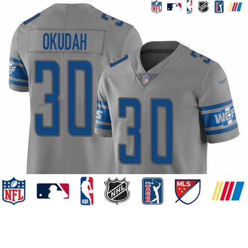 Custom Lions #30 Jeff Okudah Gray Men’s Stitched NFL Limited Inverted Legend Jersey