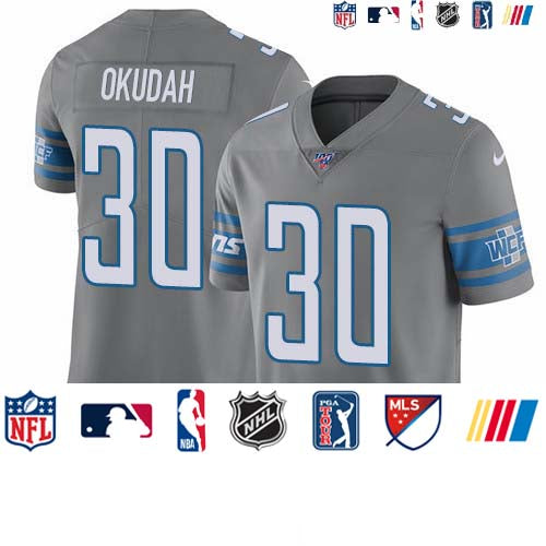 Custom Lions #30 Jeff Okudah Gray Men’s Stitched NFL Limited Rush 100th Season Jersey