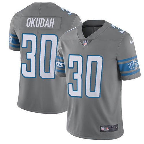 Custom Lions #30 Jeff Okudah Gray Men’s Stitched NFL Limited Rush Jersey