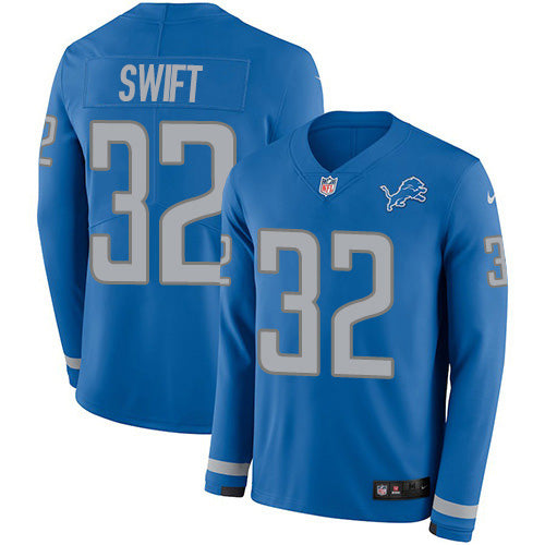 Custom Lions #32 D’Andre Swift Blue Team Color Men’s Stitched NFL Limited Therma Long Sleeve Jersey