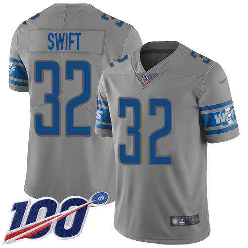 Custom Lions #32 D’Andre Swift Gray Men’s Stitched NFL Limited Inverted Legend 100th Season Jersey