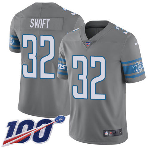 Custom Lions #32 D’Andre Swift Gray Men’s Stitched NFL Limited Rush 100th Season Jersey