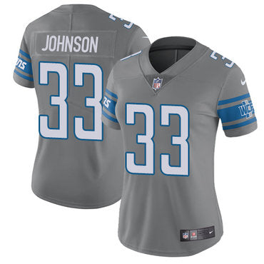 Custom Lions #33 Kerryon Johnson Gray Women’s Stitched NFL Limited Rush Jersey