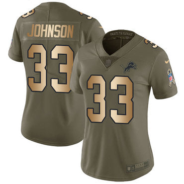Custom Lions #33 Kerryon Johnson Olive Gold Women’s Stitched NFL Limited 2017 Salute to Service Jersey
