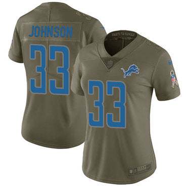 Custom Lions #33 Kerryon Johnson Olive Women’s Stitched NFL Limited 2017 Salute to Service Jersey