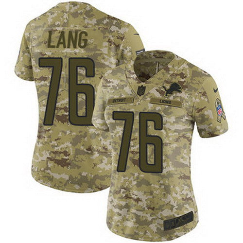 Custom Lions #76 T.J. Lang Camo Women’s Stitched NFL Limited 2018 Salute to Service Jersey
