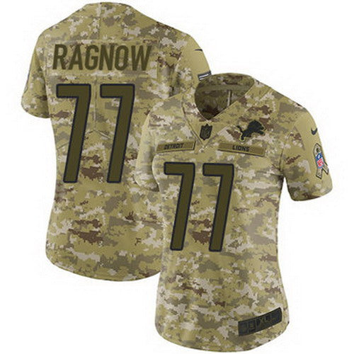 Custom Lions #77 Frank Ragnow Camo Women’s Stitched NFL Limited 2018 Salute to Service Jersey