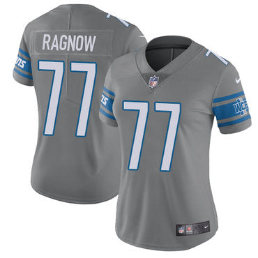 Custom Lions #77 Frank Ragnow Gray Women’s Stitched NFL Limited Rush Jersey