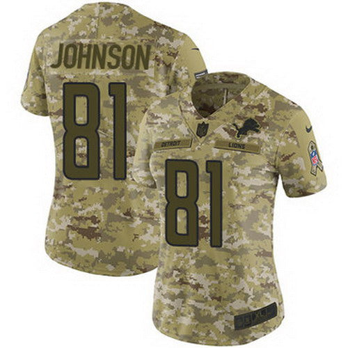 Custom Lions #81 Calvin Johnson Camo Women’s Stitched NFL Limited 2018 Salute to Service Jersey