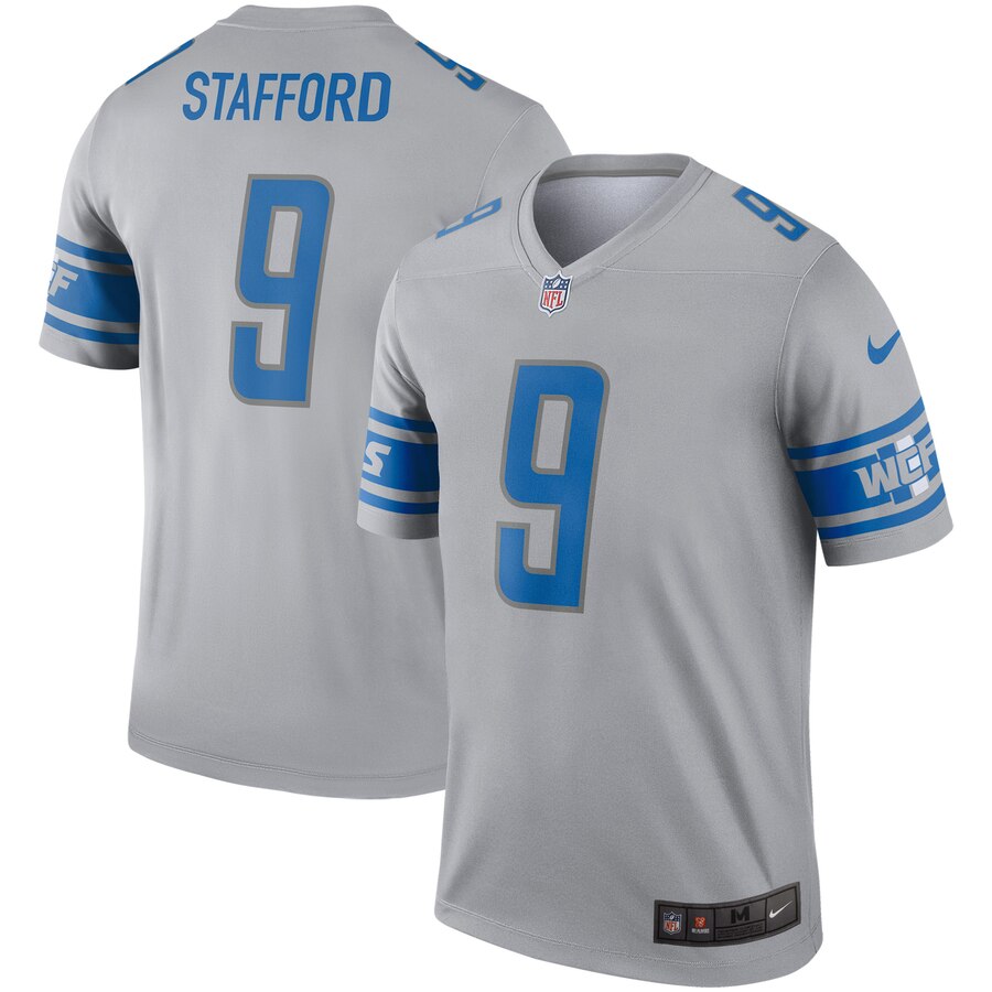 Custom Lions 9 Matthew Stafford Gray Inverted Legend Jersey