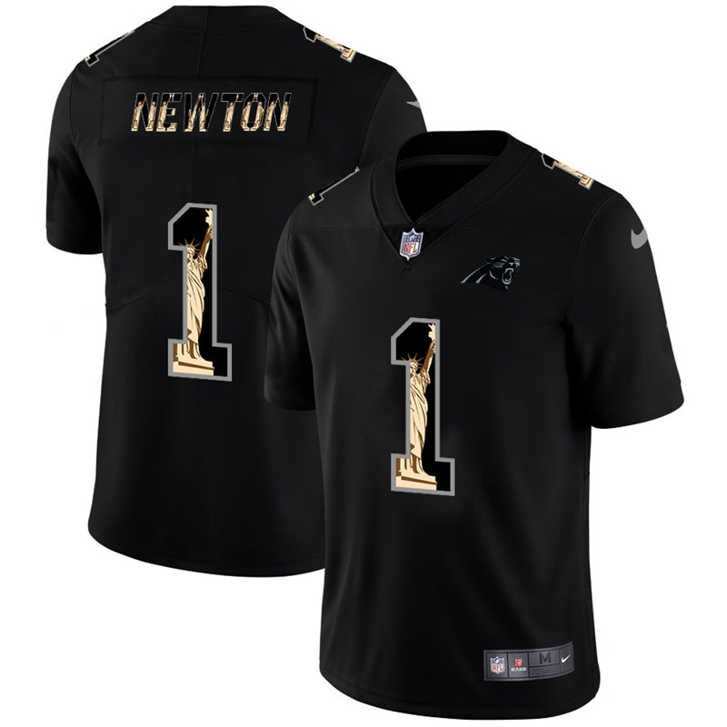 Custom Panthers 1 Cam Newton Black Statue Of Liberty Limited Jersey