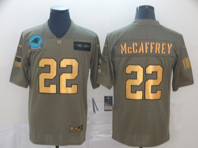 Custom Panthers 22 Christian McCaffrey 2019 Olive Gold Salute To Service Limited Jersey