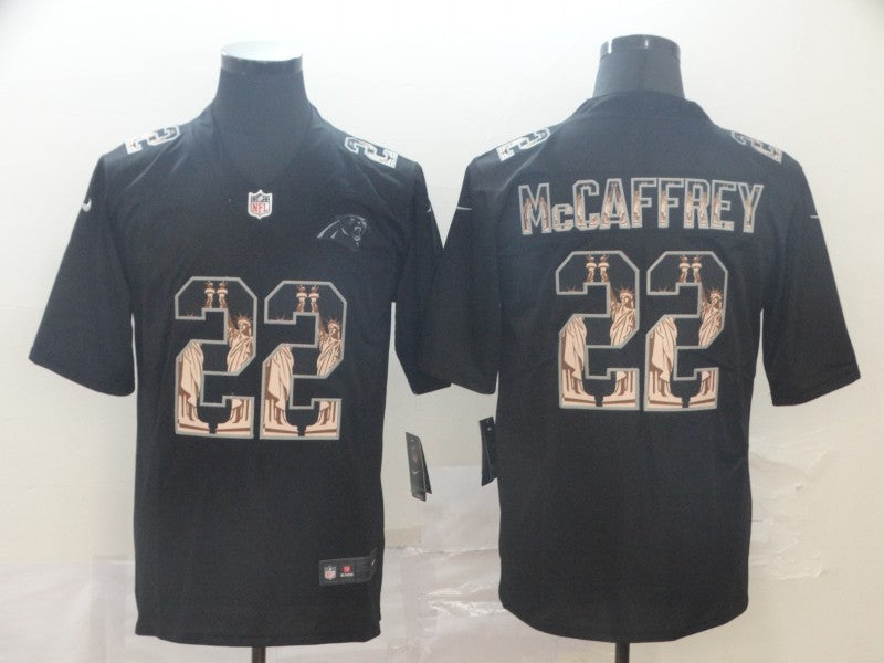 Custom Panthers 22 Christian McCaffrey Black Statue Of Liberty Limited Jersey