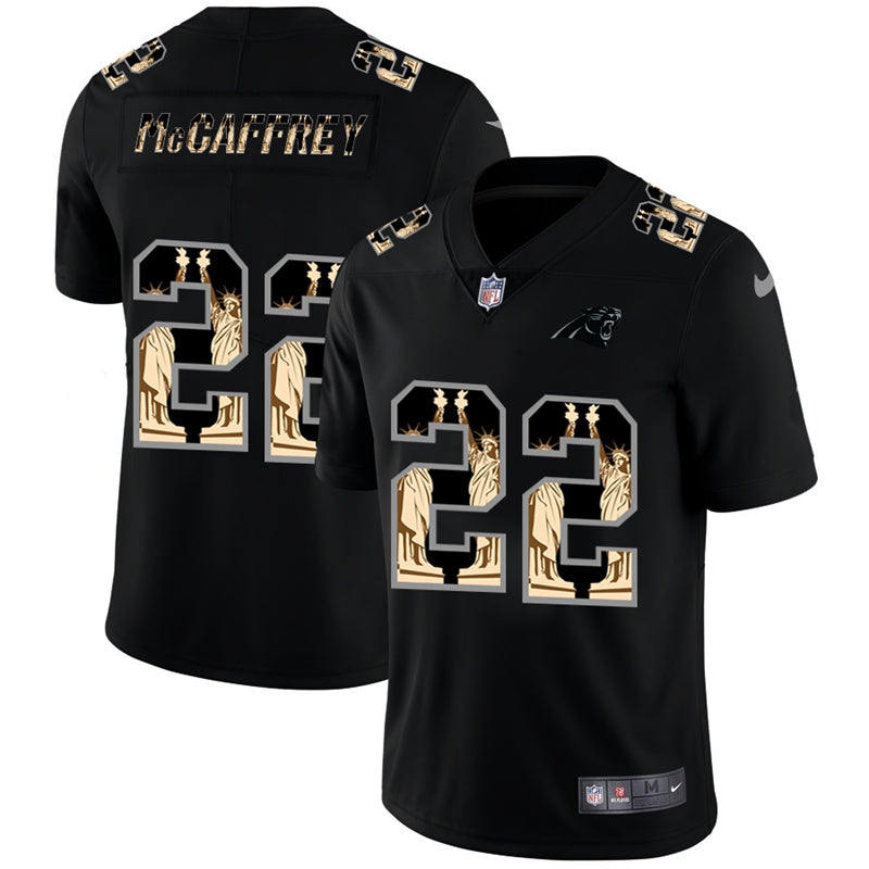 Custom Panthers 22 Christian McCaffrey Black Statue Of Liberty Limited Jersey