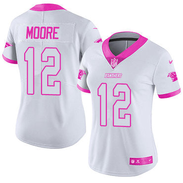 Custom Panthers #12 DJ Moore White Pink Women’s Stitched NFL Limited Rush Fashion Jersey