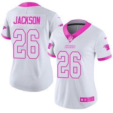 Custom Panthers #26 Donte Jackson White Pink Women’s Stitched NFL Limited Rush Fashion Jersey
