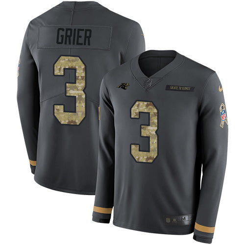 Custom Panthers #3 Will Grier Anthracite Salute to Service Men’s Stitched NFL Limited Therma Long Sleeve Jersey
