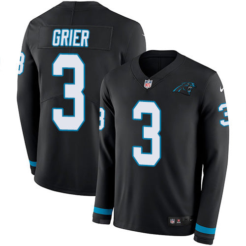 Custom Panthers #3 Will Grier Black Team Color Men’s Stitched NFL Limited Therma Long Sleeve Jersey