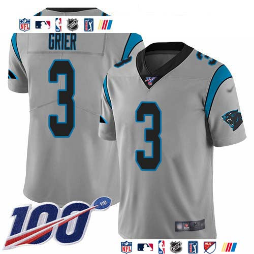 Custom Panthers #3 Will Grier Silver Men’s Stitched NFL Limited Inverted Legend 100th Season Jersey
