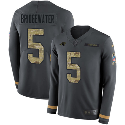 Custom Panthers #5 Teddy Bridgewater Anthracite Salute to Service Men’s Stitched NFL Limited Therma Long Sleeve Jersey