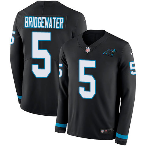 Custom Panthers #5 Teddy Bridgewater Black Team Color Men’s Stitched NFL Limited Therma Long Sleeve Jersey