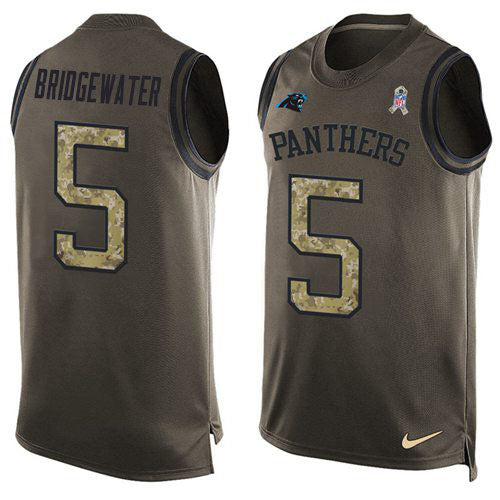 Custom Panthers #5 Teddy Bridgewater Green Men’s Stitched NFL Limited Salute To Service Tank Top Jersey