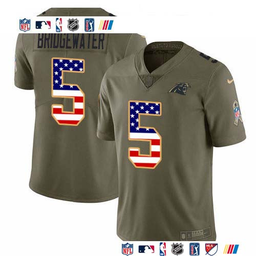 Custom Panthers #5 Teddy Bridgewater Olive USA Flag Men’s Stitched NFL Limited 2017 Salute To Service Jersey