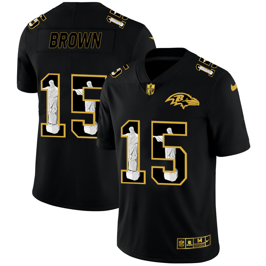 Custom Ravens 15 Marquise Brown Black Jesus Faith Edition Limited Jersey