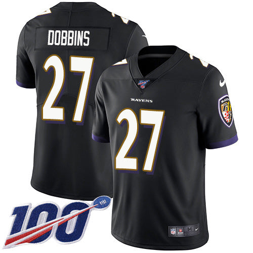Custom Ravens #27 J.K. Dobbins Black Alternate Men’s Stitched NFL 100th Season Vapor Untouchable Limited Jersey