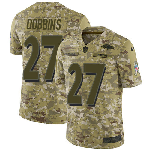 Custom Ravens #27 J.K. Dobbins Camo Men’s Stitched NFL Limited 2018 Salute To Service Jersey