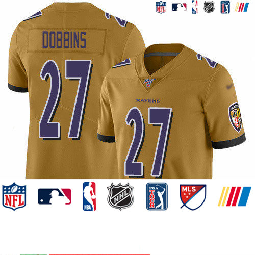 Custom Ravens #27 J.K. Dobbins Gold Men’s Stitched NFL Limited Inverted Legend 100th Season Jersey