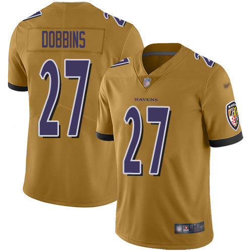 Custom Ravens #27 J.K. Dobbins Gold Men’s Stitched NFL Limited Inverted Legend Jersey