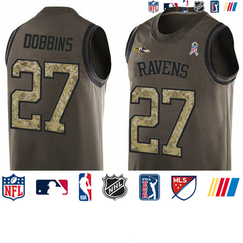 Custom Ravens #27 J.K. Dobbins Green Men’s Stitched NFL Limited Salute To Service Tank Top Jersey