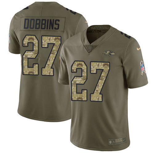 Custom Ravens #27 J.K. Dobbins Olive Camo Men’s Stitched NFL Limited 2017 Salute To Service Jersey