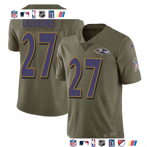 Custom Ravens #27 J.K. Dobbins Olive Men’s Stitched NFL Limited 2017 Salute To Service Jersey