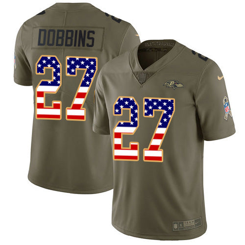Custom Ravens #27 J.K. Dobbins Olive USA Flag Men’s Stitched NFL Limited 2017 Salute To Service Jersey