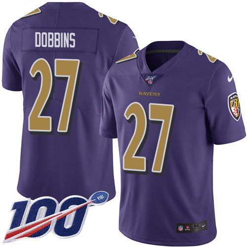 Custom Ravens #27 J.K. Dobbins Purple Men’s Stitched NFL Limited Rush 100th Season Jersey