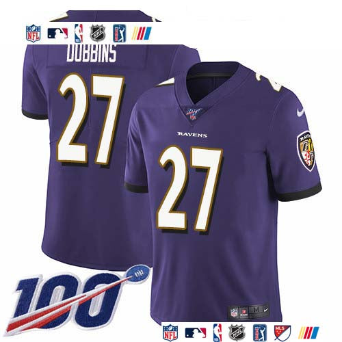 Custom Ravens #27 J.K. Dobbins Purple Team Color Men’s Stitched NFL 100th Season Vapor Untouchable Limited Jersey