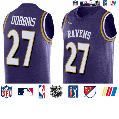 Custom Ravens #27 J.K. Dobbins Purple Team Color Men’s Stitched NFL Limited Tank Top Jersey