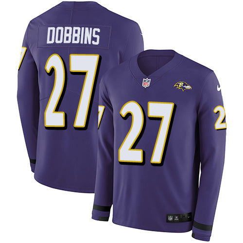 Custom Ravens #27 J.K. Dobbins Purple Team Color Men’s Stitched NFL Limited Therma Long Sleeve Jersey
