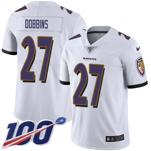 Custom Ravens #27 J.K. Dobbins White Men’s Stitched NFL 100th Season Vapor Untouchable Limited Jersey