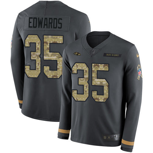 Custom Ravens #35 Gus Edwards Anthracite Salute to Service Men’s Stitched NFL Limited Therma Long Sleeve Jersey