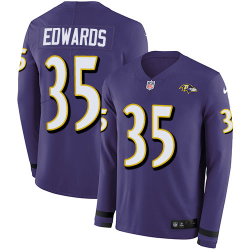 Custom Ravens #35 Gus Edwards Purple Team Color Men’s Stitched NFL Limited Therma Long Sleeve Jersey
