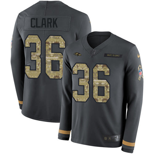 Custom Ravens #36 Chuck Clark Anthracite Salute to Service Men’s Stitched NFL Limited Therma Long Sleeve Jersey
