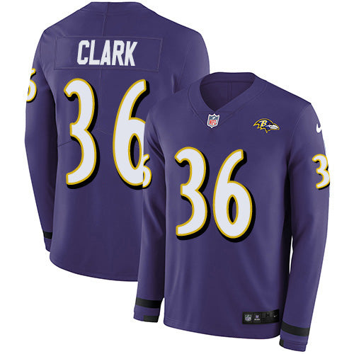 Custom Ravens #36 Chuck Clark Purple Team Color Men’s Stitched NFL Limited Therma Long Sleeve Jersey