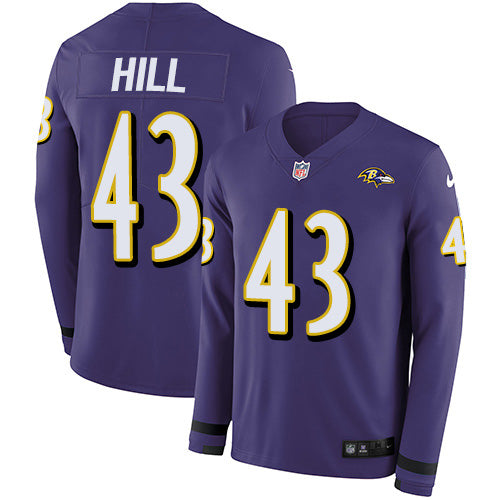 Custom Ravens #43 Justice Hill Purple Team Color Men’s Stitched NFL Limited Therma Long Sleeve Jersey
