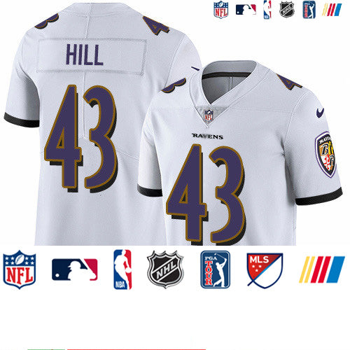 Custom Ravens #43 Justice Hill White Men’s Stitched NFL Vapor Untouchable Limited Jersey