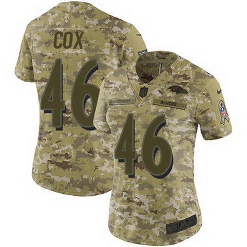 Custom Ravens #46 Morgan Cox Camo Women’s Stitched NFL Limited 2018 Salute to Service Jersey