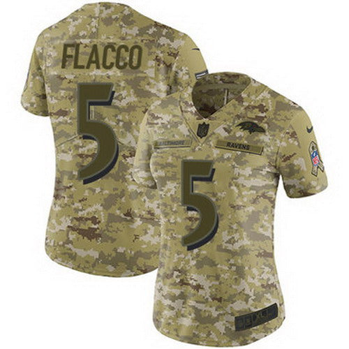 Custom Ravens #5 Joe Flacco Camo Women’s Stitched NFL Limited 2018 Salute to Service Jersey