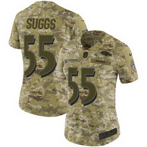 Custom Ravens #55 Terrell Suggs Camo Women’s Stitched NFL Limited 2018 Salute to Service Jersey